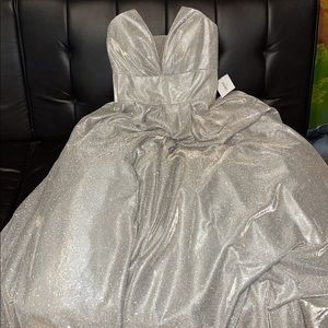 Silver strapless prom dress